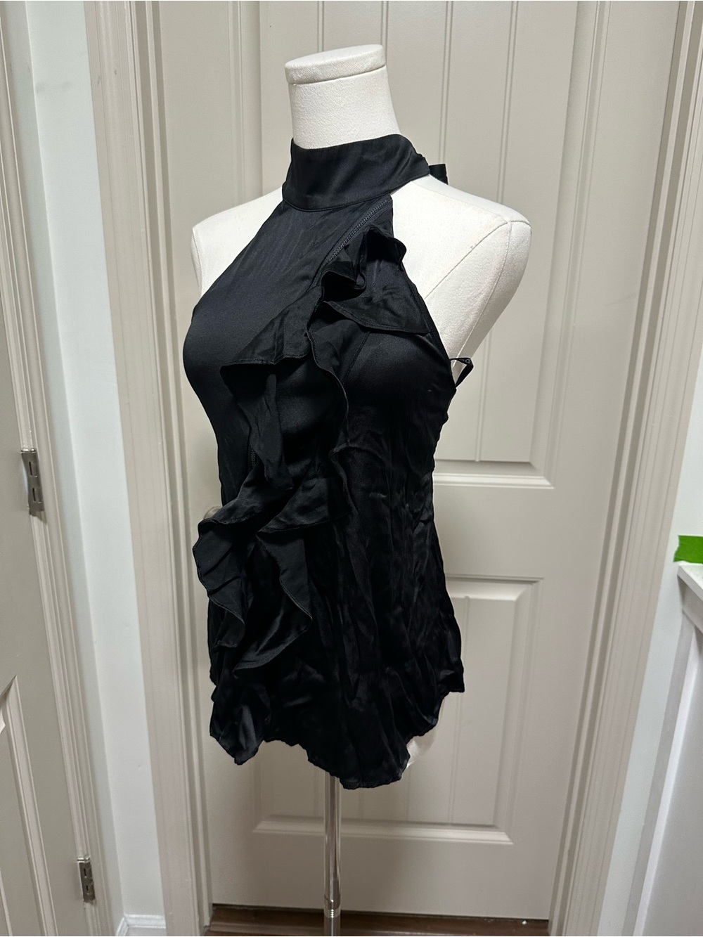 bebe Black Halter Ruffle Satin Camisole